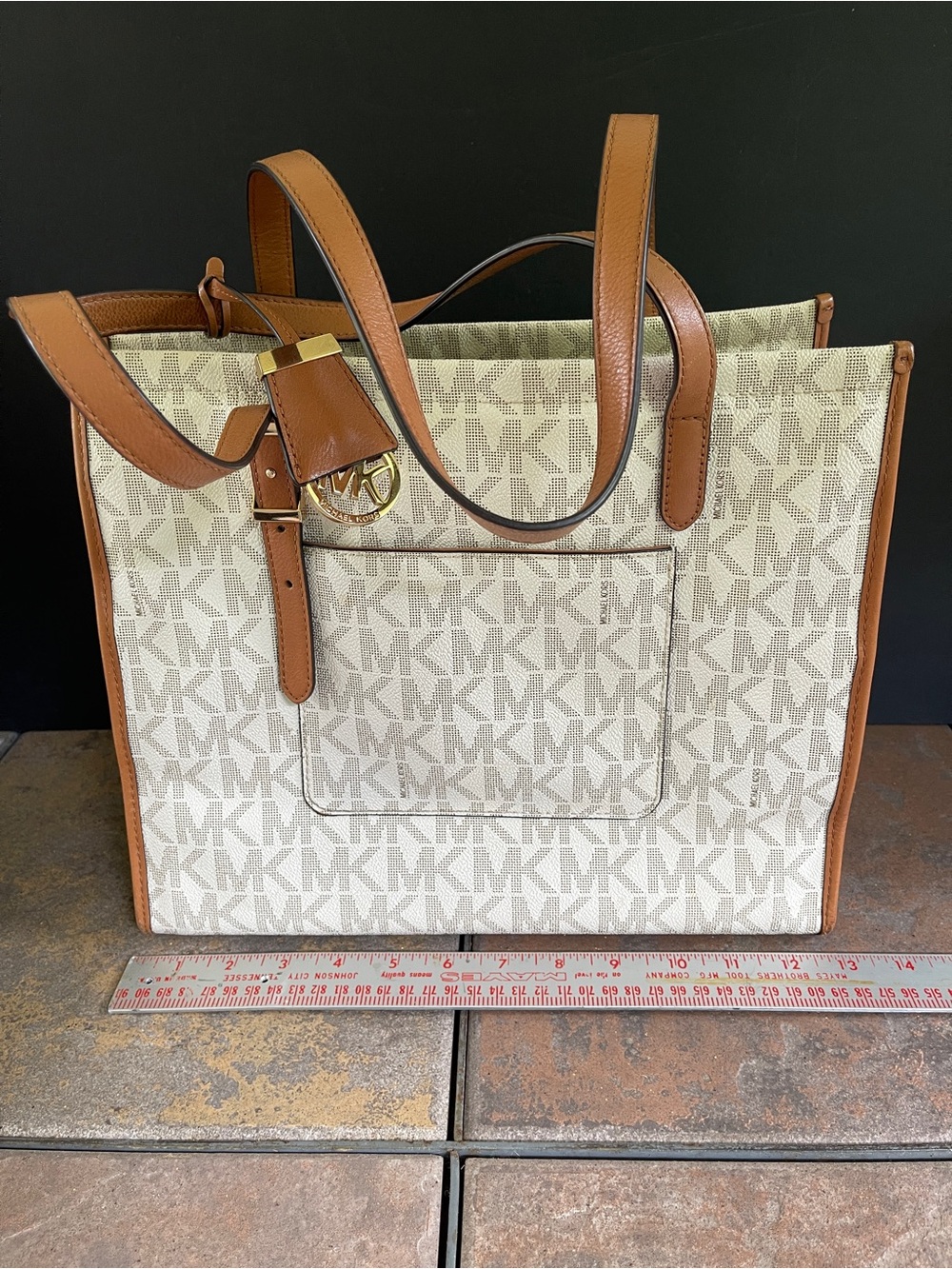 Michael Kors Vanilla Darien Canvas Tote with Brown Leather Trim and Gold Charm